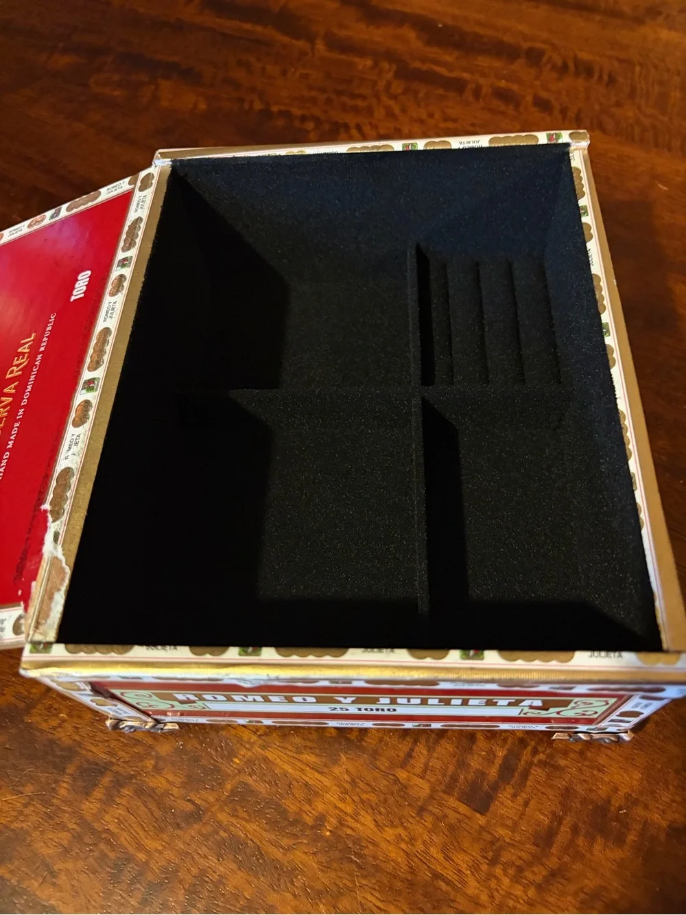Upcycled Romeo y Julieta Reserva Real Toro Cigar Box Jewelry Organizer Black Red